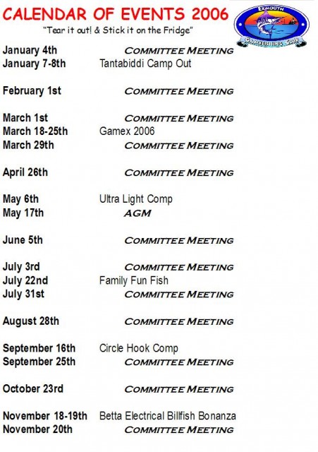 Exmouth Game Fishing Club Calendar of Events 2006